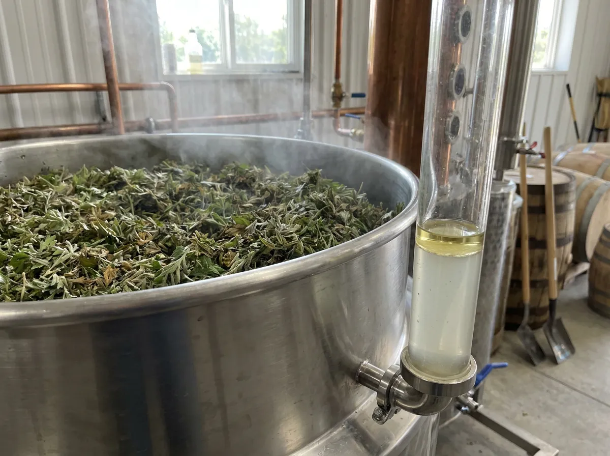 Cut mugwort packed into a still in a working distillery